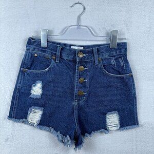 Sima Denim Womens Boyfriend Shorts Super Loved Destroy Button Fly Blue Size 28